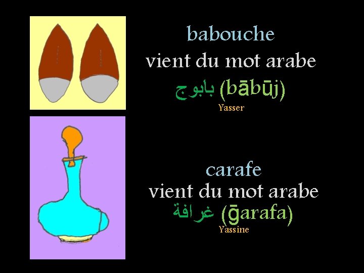babouche vient du mot arabe ( ﺑﺎﺑﻮﺝ bābūj) Yasser carafe vient du mot arabe