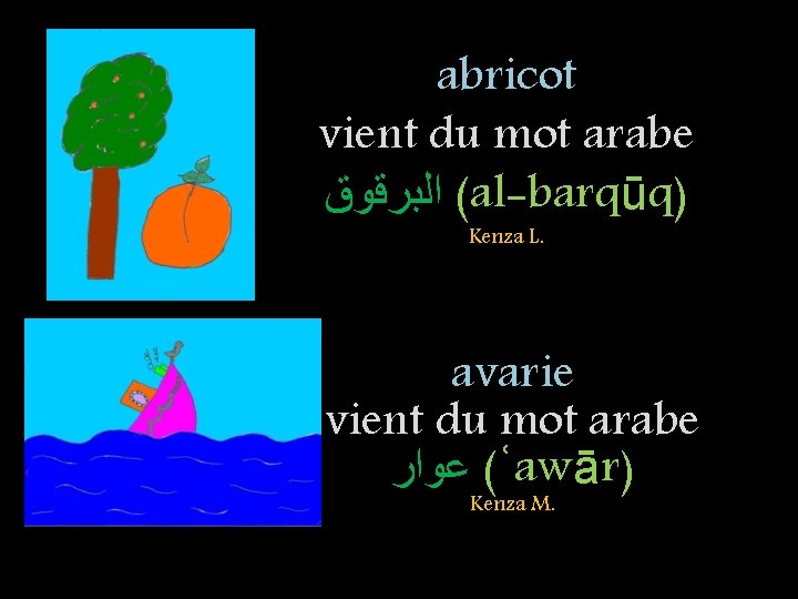 abricot vient du mot arabe ( ﺍﻟﺒﺮﻗﻮﻕ al-barqūq) Kenza L. avarie vient du mot