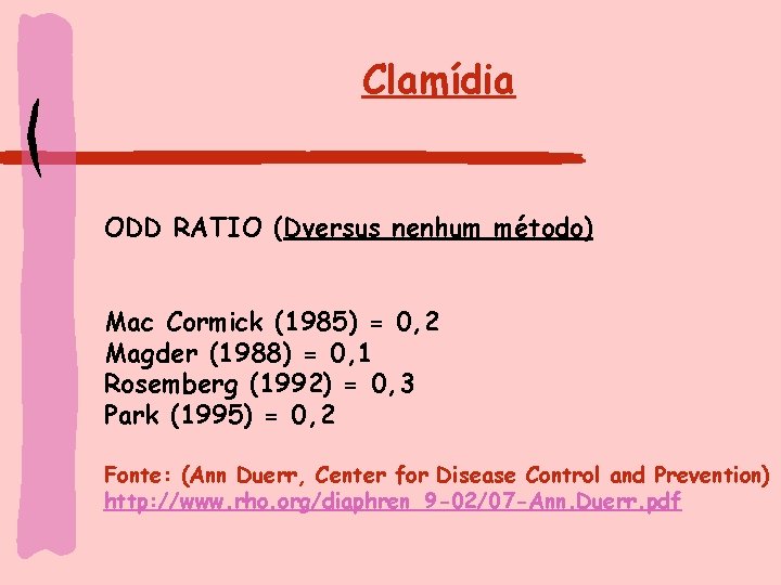 Clamídia ODD RATIO (Dversus nenhum método) Mac Cormick (1985) = 0, 2 Magder (1988)