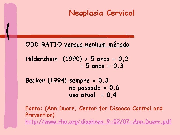 Neoplasia Cervical ODD RATIO versus nenhum método Hildershein (1990) > 5 anos = 0,