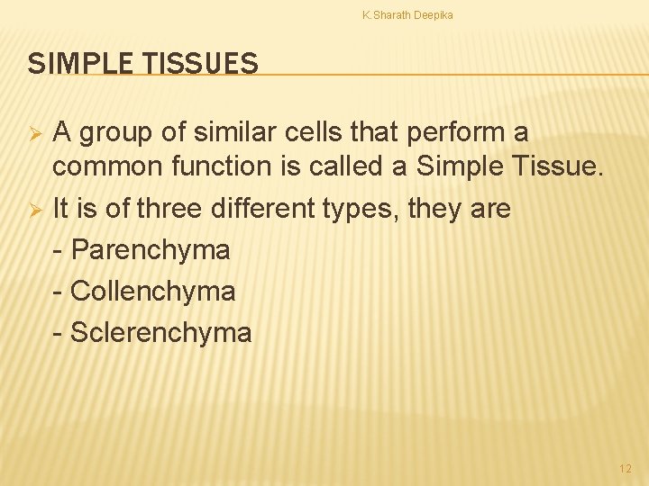 K. Sharath Deepika SIMPLE TISSUES A group of similar cells that perform a common