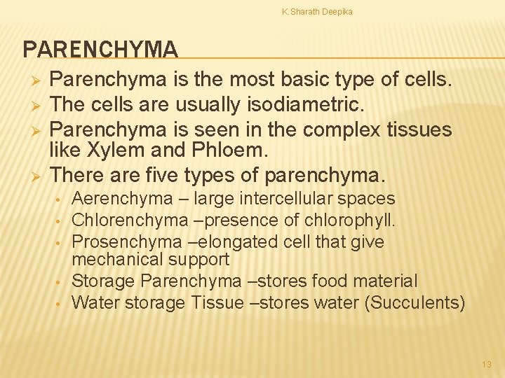 K. Sharath Deepika PARENCHYMA Ø Ø Parenchyma is the most basic type of cells.