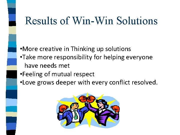 Results of Win-Win Solutions • More creative in Thinking up solutions • Take more