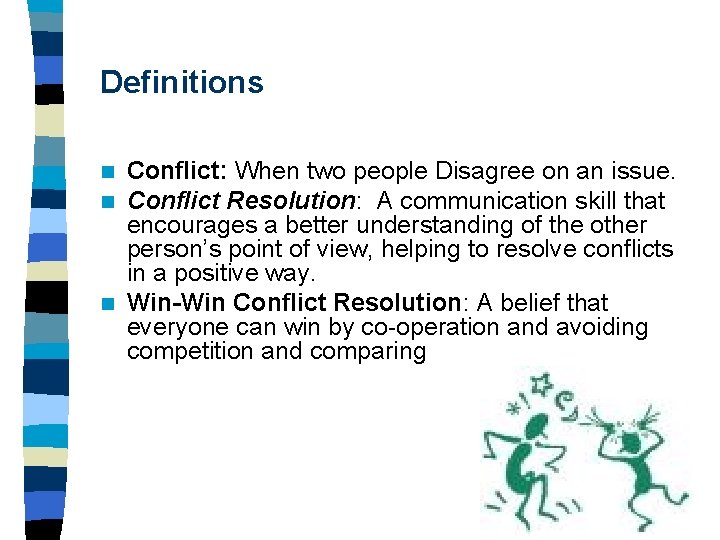Definitions Conflict: When two people Disagree on an issue. Conflict Resolution: A communication skill