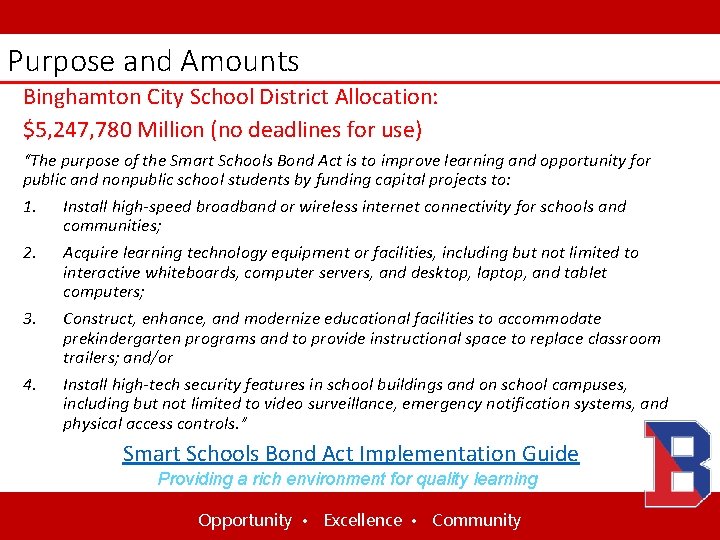 Purpose and Amounts Binghamton City School District Allocation: $5, 247, 780 Million (no deadlines