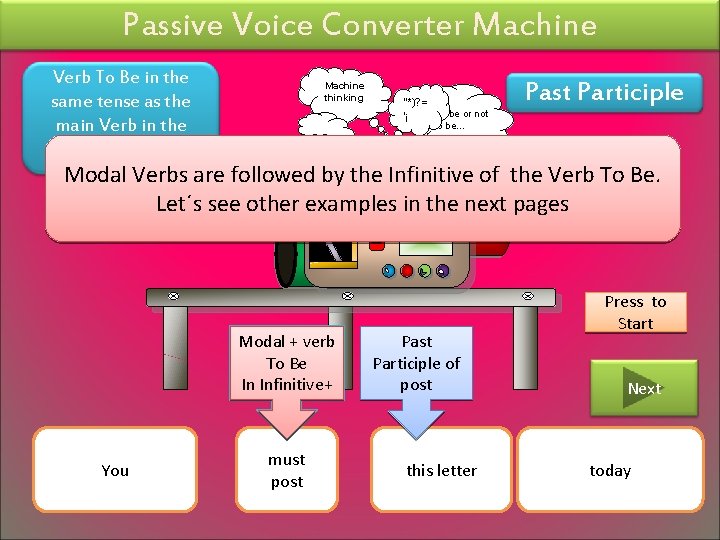 Passive Voice Converter Machine Verb To Be in the same tense as the main Passive Voice Converter Machine Verb To Be in the same tense as the main