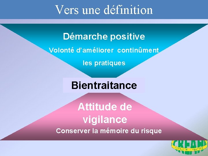 Vers une définition Démarche positive Volonté d’améliorer continûment les pratiques Bientraitance Attitude de vigilance