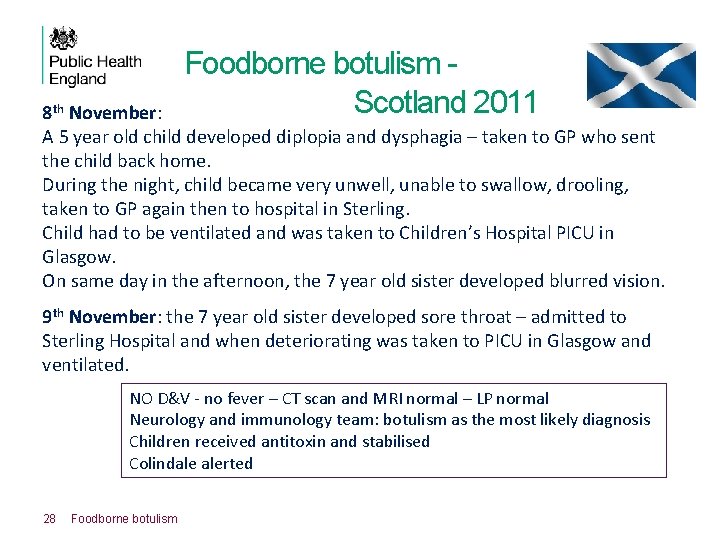 Foodborne botulism Scotland 2011 8 th November: A 5 year old child developed diplopia