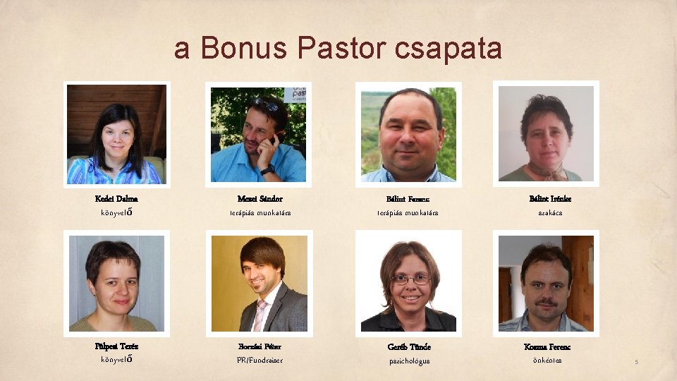 a Bonus Pastor csapata Kedei Dalma könyvelő Mezei Sándor terápiás munkatárs Bálint Ferenc terápiás