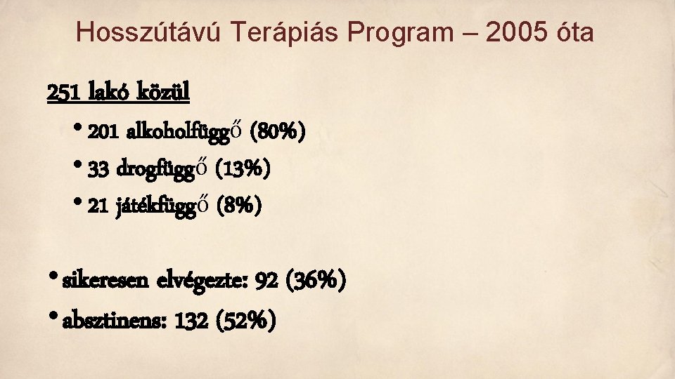 Hosszútávú Terápiás Program – 2005 óta 251 lakó közül • 201 alkoholfüggő (80%) •