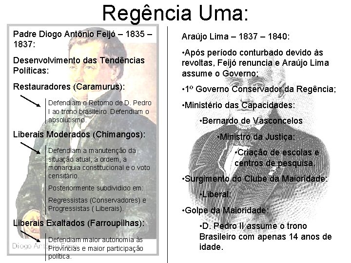 Regência Uma: Padre Diogo Antônio Feijó – 1835 – 1837: Araújo Lima – 1837