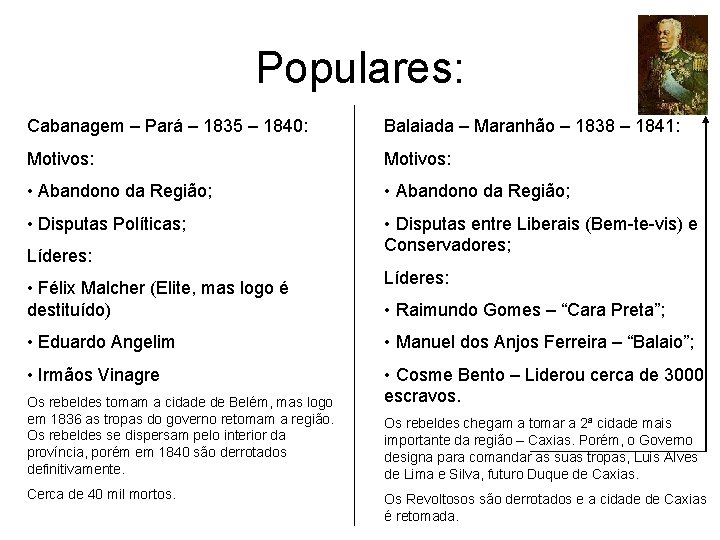 Populares: Cabanagem – Pará – 1835 – 1840: Balaiada – Maranhão – 1838 –