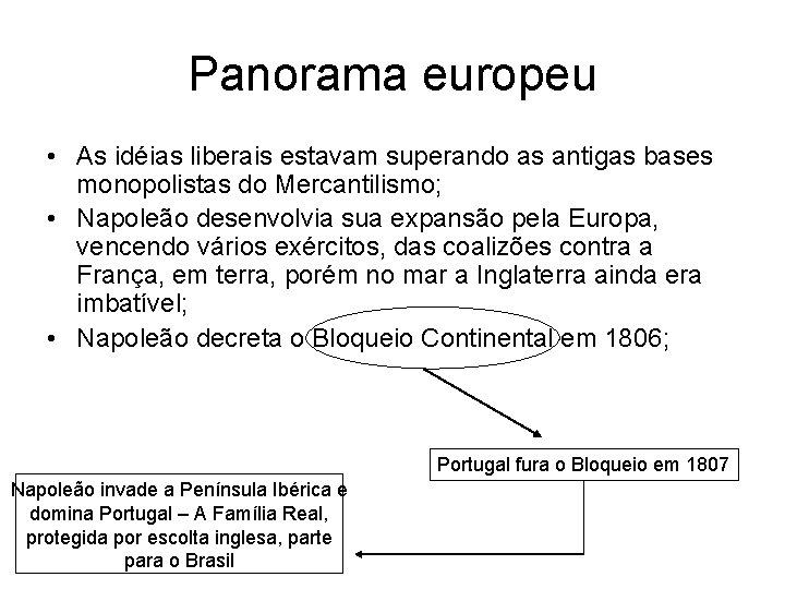 Panorama europeu • As idéias liberais estavam superando as antigas bases monopolistas do Mercantilismo;
