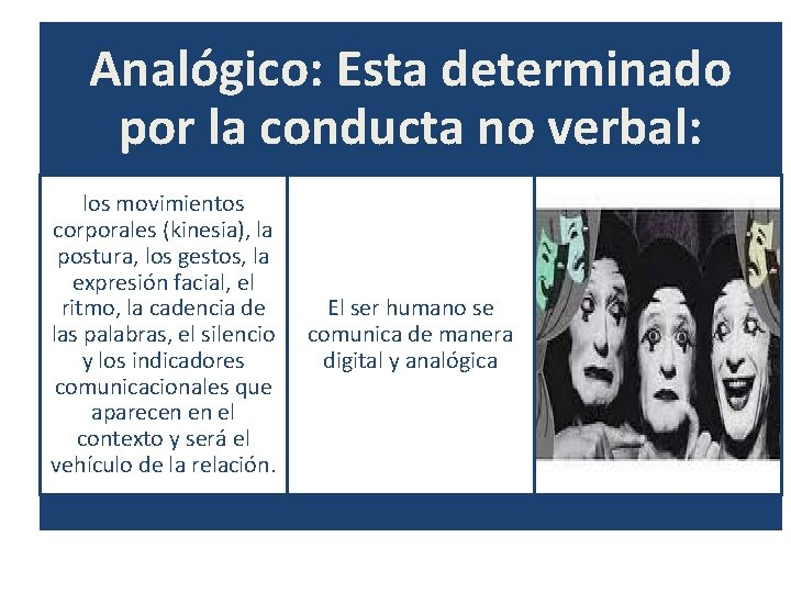 Analógico: Esta determinado por la conducta no verbal: los movimientos corporales (kinesia), la postura,