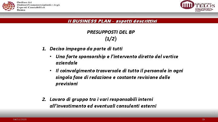 Il BUSINESS PLAN – aspetti descrittivi PRESUPPOSTI DEL BP (1/2) 1. Deciso impegno da