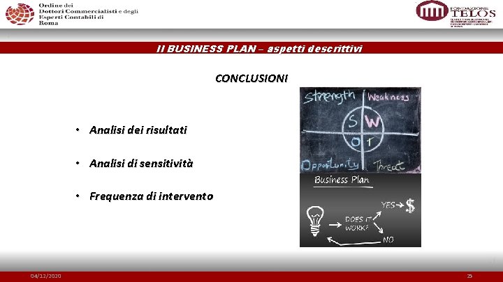 Il BUSINESS PLAN – aspetti descrittivi CONCLUSIONI • Analisi dei risultati • Analisi di