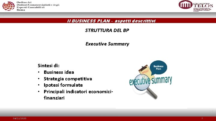 Il BUSINESS PLAN – aspetti descrittivi STRUTTURA DEL BP Executive Summary Sintesi di: •