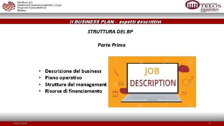 Il BUSINESS PLAN – aspetti descrittivi STRUTTURA DEL BP Parte Prima • • 04/12/2020