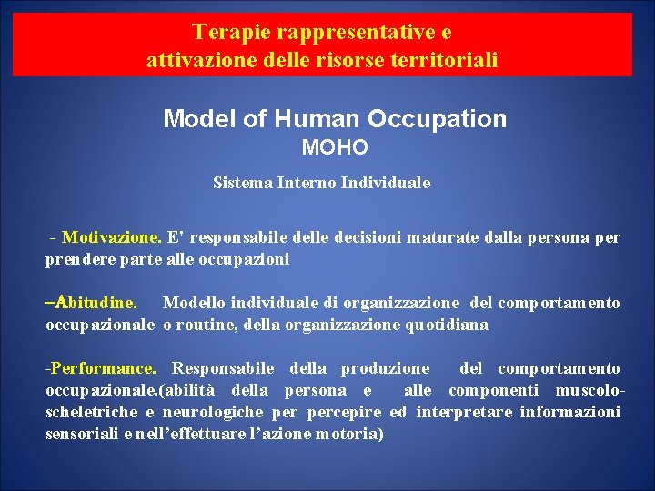 Terapie rappresentative e attivazione delle risorse territoriali Model of Human Occupation MOHO Sistema Interno