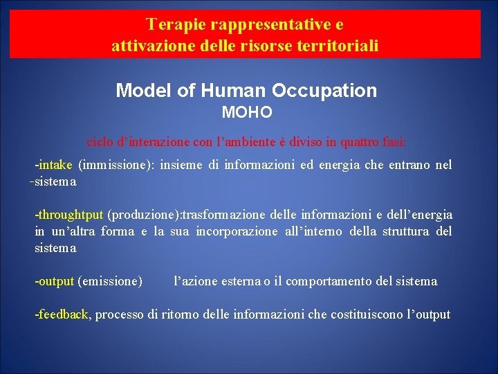 Terapie rappresentative e attivazione delle risorse territoriali Model of Human Occupation MOHO ciclo d’interazione