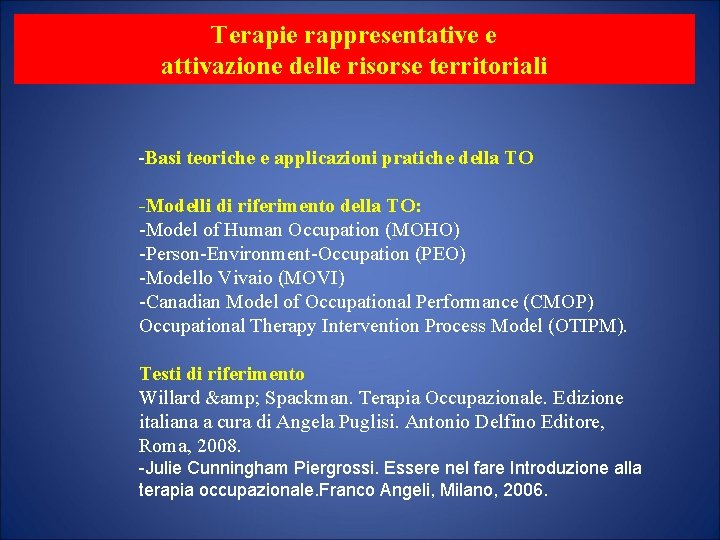 Terapie rappresentative e attivazione delle risorse territoriali -Basi teoriche e applicazioni pratiche della TO