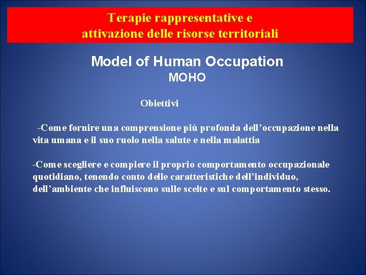 Terapie rappresentative e attivazione delle risorse territoriali Model of Human Occupation MOHO Obiettivi -Come