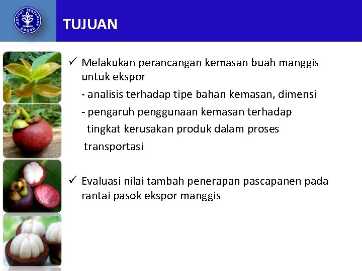 TUJUAN ü Melakukan perancangan kemasan buah manggis untuk ekspor - analisis terhadap tipe bahan