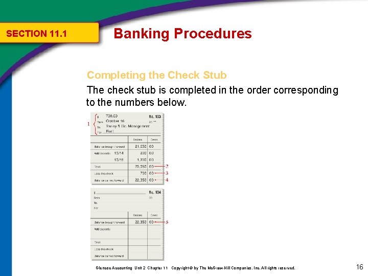 SECTION 11. 1 Banking Procedures Completing the Check Stub The check stub is completed