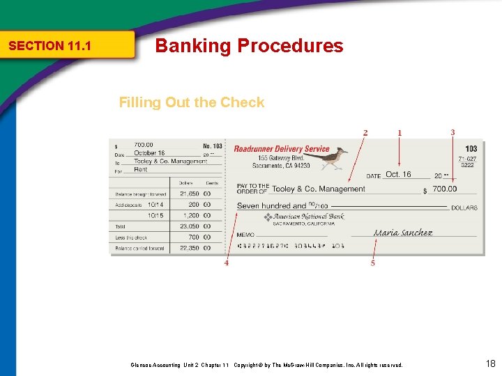 SECTION 11. 1 Banking Procedures Filling Out the Check Glencoe Accounting Unit 2 Chapter