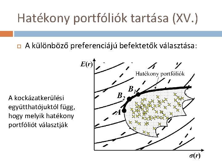 Hatékony portfóliók tartása (XV. ) A különböző preferenciájú befektetők választása: A kockázatkerülési együtthatójuktól függ,