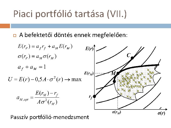 Piaci portfólió tartása (VII. ) A befektetői döntés ennek megfelelően: Passzív portfólió-menedzsment 