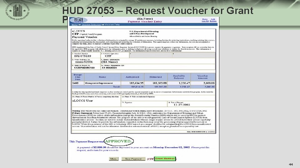 HUD 27053 – Request Voucher for Grant Payment 44 