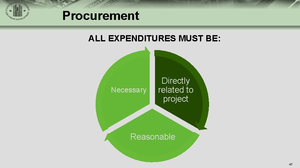 Procurement ALL EXPENDITURES MUST BE: Necessary Directly related to project Reasonable 47 