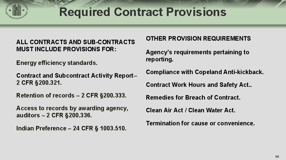 Required Contract Provisions ALL CONTRACTS AND SUB-CONTRACTS MUST INCLUDE PROVISIONS FOR: Energy efficiency standards.