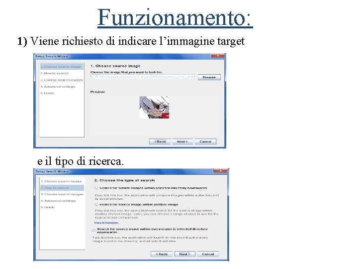 Funzionamento: 1) Viene richiesto di indicare l’immagine target e il tipo di ricerca. 