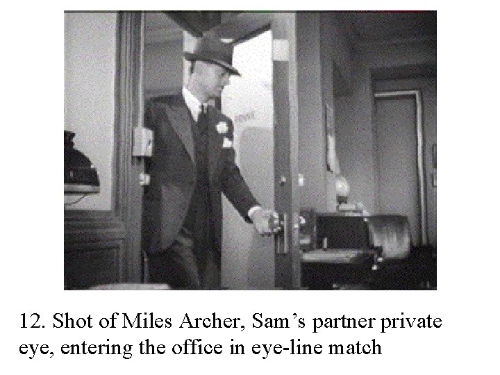 12. Shot of Miles Archer, Sam’s partner private eye, entering the office in eye-line