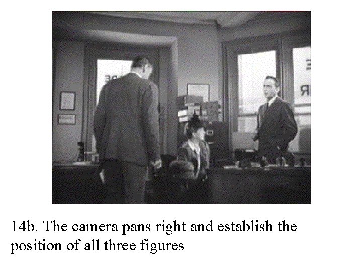 14 b. The camera pans right and establish the position of all three figures