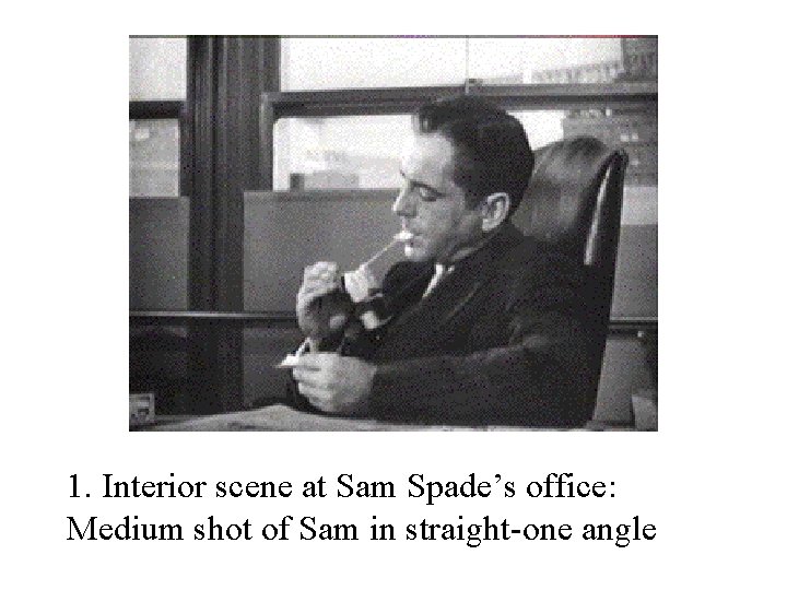 1. Interior scene at Sam Spade’s office: Medium shot of Sam in straight-one angle