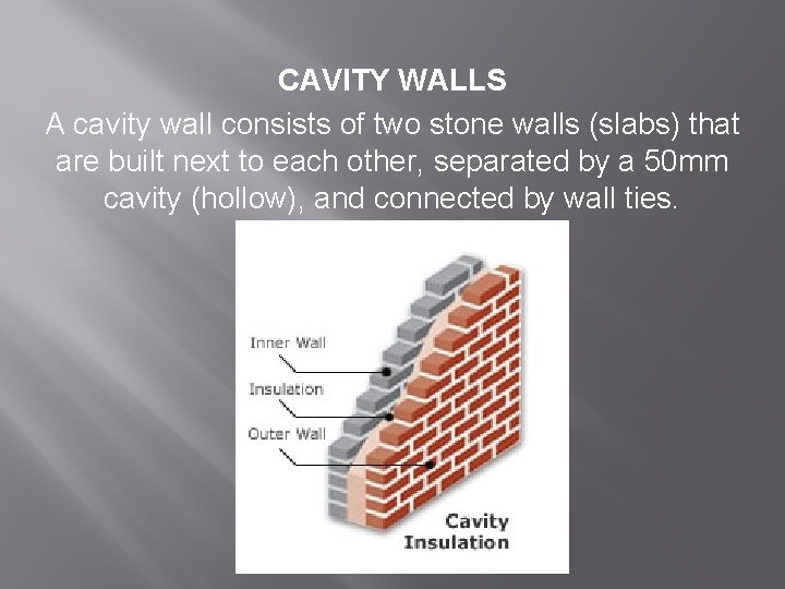  CAVITY WALLS A cavity wall consists of two stone walls (slabs) that are