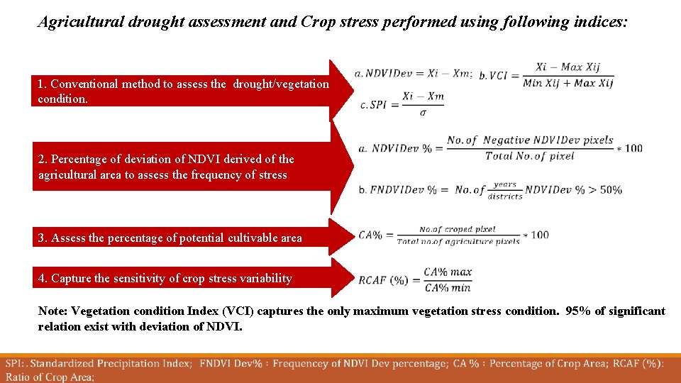 Agricultural drought assessment and Crop stress performed using following indices: 1. Conventional method to