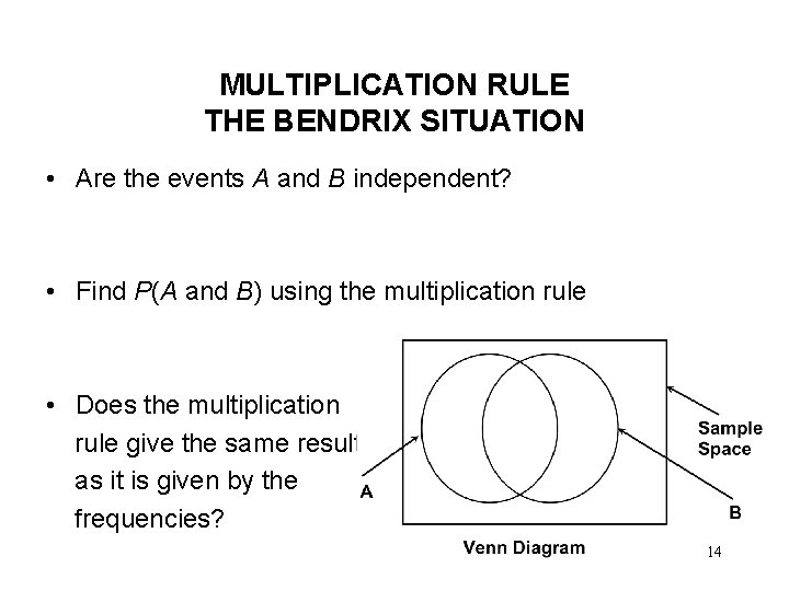 MULTIPLICATION RULE THE BENDRIX SITUATION • Are the events A and B independent? • MULTIPLICATION RULE THE BENDRIX SITUATION • Are the events A and B independent? •