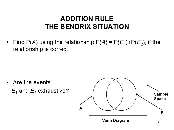 ADDITION RULE THE BENDRIX SITUATION • Find P(A) using the relationship P(A) = P(E ADDITION RULE THE BENDRIX SITUATION • Find P(A) using the relationship P(A) = P(E