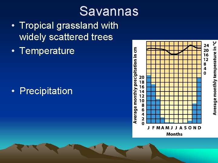 Savannas • Tropical grassland with widely scattered trees • Temperature • Precipitation 