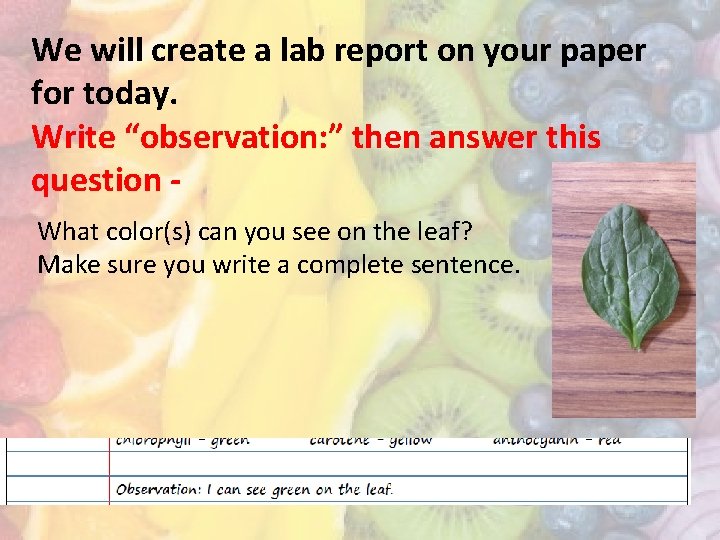 We will create a lab report on your paper for today. Write “observation: ”
