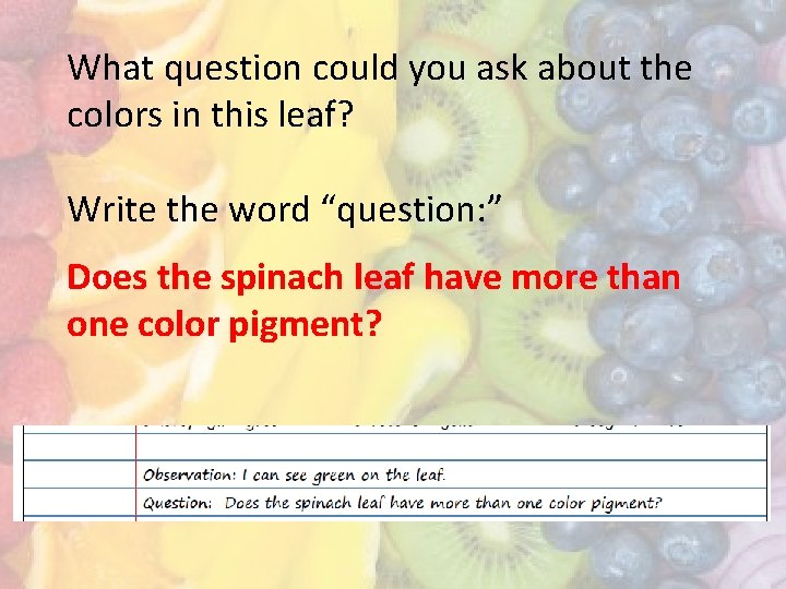 What question could you ask about the colors in this leaf? Write the word