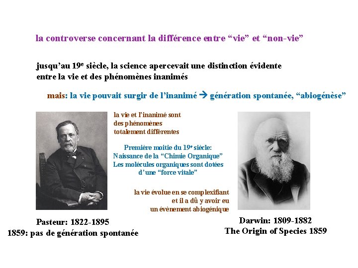 la controverse concernant la différence entre “vie” et “non-vie” jusqu’au 19 e siècle, la