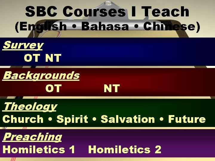 SBC Courses I Teach (English • Bahasa • Chinese) Survey OT NT Backgrounds OT
