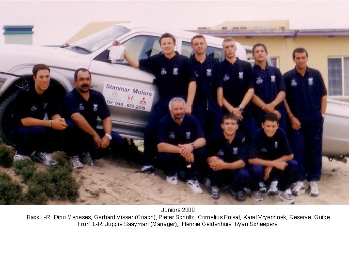 Juniors 2000 Back L-R: Dino Meneses, Gerhard Visser (Coach), Pieter Scholtz, Cornelius Poisat, Karel