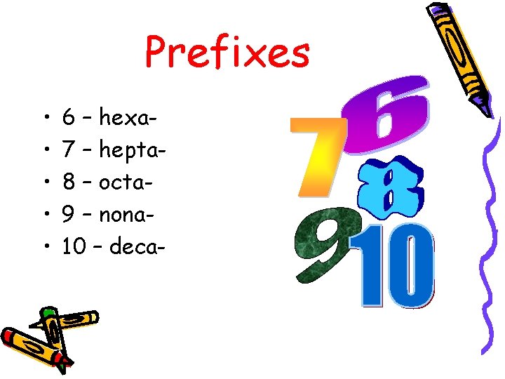 Prefixes • • • 6 – hexa 7 – hepta 8 – octa 9