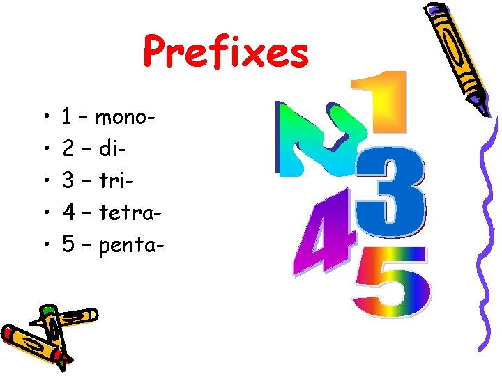 Prefixes • • • 1 – mono 2 – di 3 – tri 4